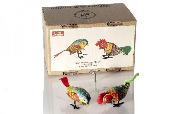 Paya Figuren Vogel und Hahn aus Blech Ansicht mit Karton