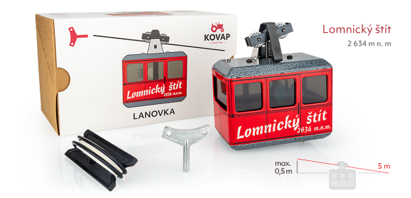 KOVAP Seilbahn rot "Lomnický Stít" mit Karton und Seilbahnschnur sowie Aufziehschlüssel