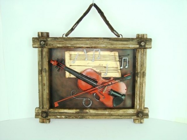 Diorama Wandaufhängung alte Geige - Noten - komplett aus Blech und Holz - sehr selten - Einzelstück!