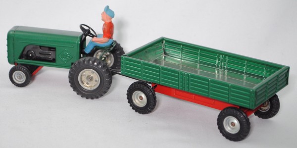 ORIGINAL KELLERMANN CKO Traktor grün mit Anhänger und Fahrerfigur Modell  389A Rarität!
