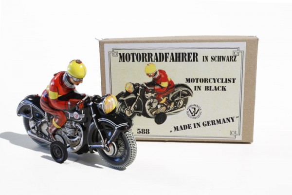 Tipp & Co. - Josef Wagner Nachbau Motorrad schwarz mit Friktionsantrieb Ansicht rechts mit Karton